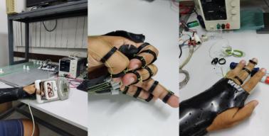 Três fotos da mão robótica sendo testada por estudantes.